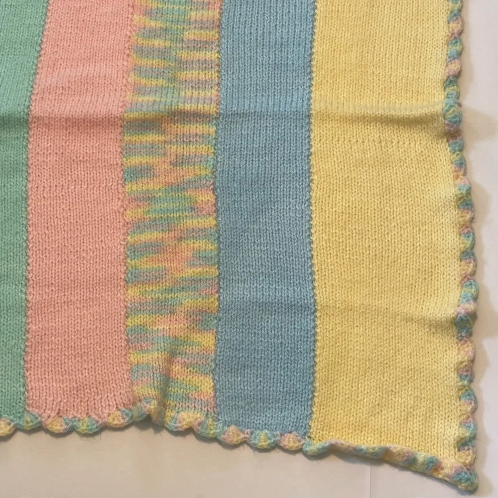Handmade Knit Baby Blanket Pastel Stripe Scallop Crochet Edge Multi Color 30X38